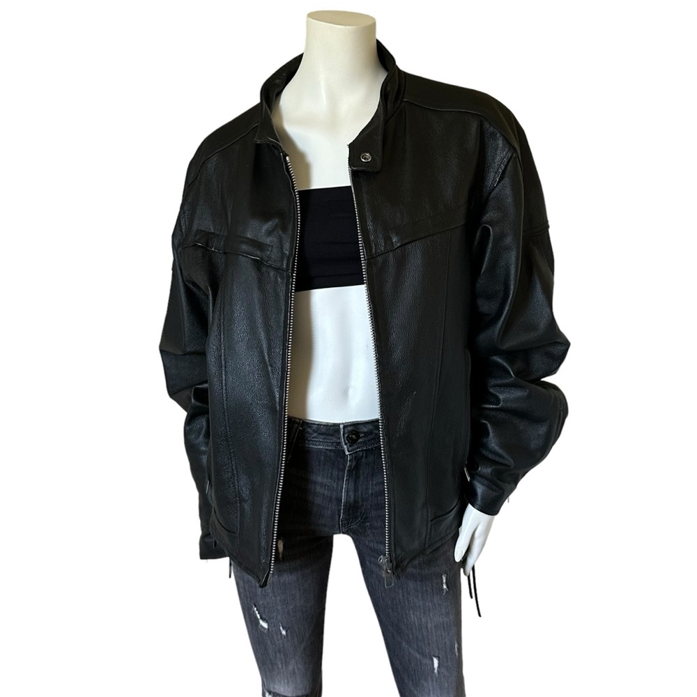 Vintage Oversized Black Leather Bomber Motorcycle Jacket